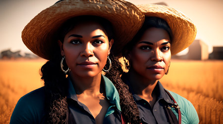 Portrait of two African American women in straw hats on wheat fieldの素材