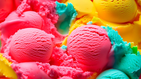 Close up of colorful ice cream scoops in a plastic bowl.の素材
