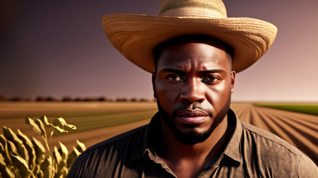 Portrait of a handsome African American farmer in a wheat field.の素材