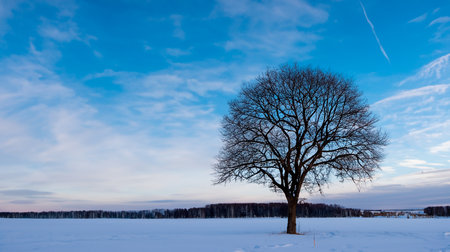 Lonely tree on the field in winter at sunset, panorama