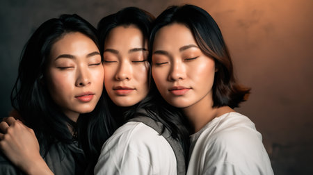 Portrait of three beautiful Asian women with closed eyes and closed eyesの素材