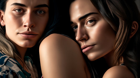 Portrait of two beautiful young women hugging and looking at camera isolated on blackの素材