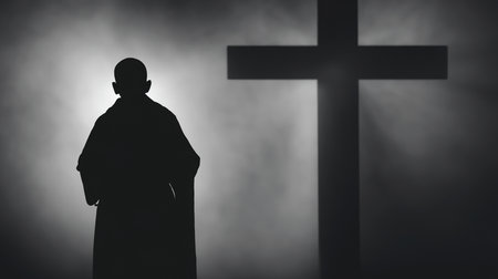 Silhouette of a priest with a cross in the background.の素材