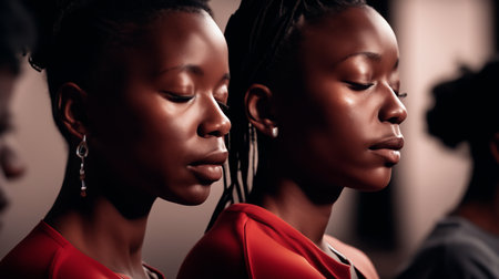 Close-up portrait of two beautiful African American women in red clothes.の素材