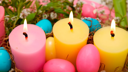 Easter candles and colorful eggs in a nest, close-upの素材