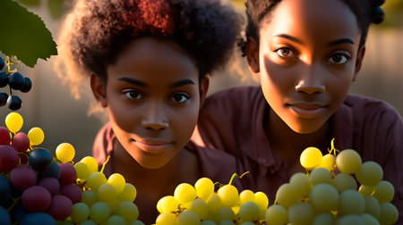 African american girl and african american woman with grapes in vineyardの素材
