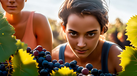 Portrait of young beautiful woman with bunch of grapes in vineyardの素材