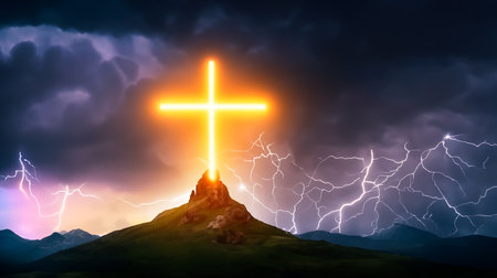 Cross of Jesus Christ on the top of the mountain with lightning.の素材