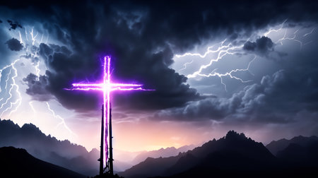 Cross in the sky with lightning, 3D rendering. Computer digital drawing.の素材