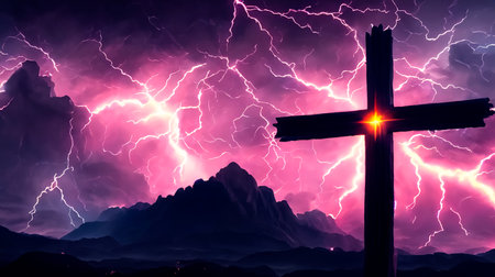 Crucifixion of Jesus Christ in the stormy sky with lightningの素材