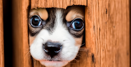 Cute puppy peeking out of the wooden door. Dog face close up.の素材