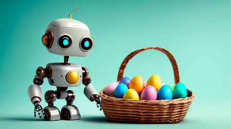 3d rendering cute robot with basket of easter eggs on blue backgroundの素材