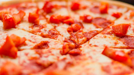 Pizza with tomatoes and mozzarella cheese on a wooden tableの素材