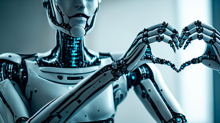 3d rendering humanoid robot with heart shaped hand gesture in blue toneの素材