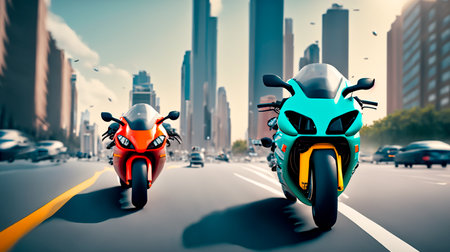 Motorcycle on the road with cityscape background. 3d renderingの素材