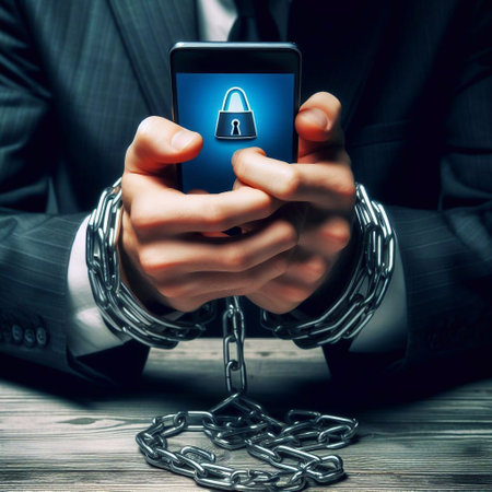 Businessman with chained hands holding smartphone with padlock on the screenの素材