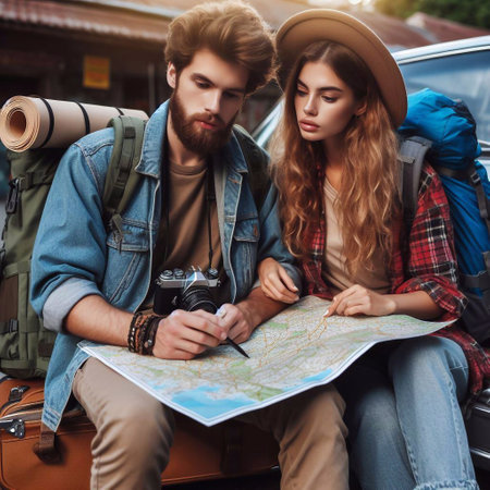 Young couple of travelers with map and camera sitting on the road.の素材