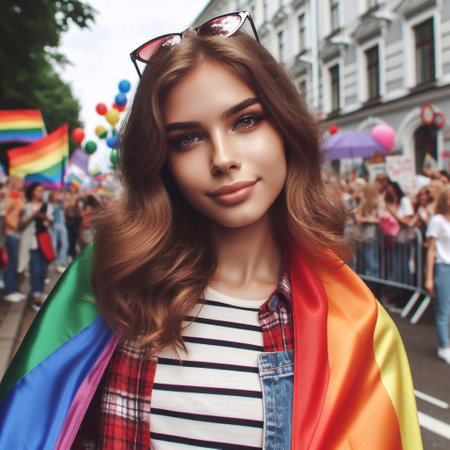 Beautiful young woman with a rainbow flag in her hand on the streetの素材