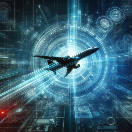 Abstract technology background with airplane flying in space. 3D Renderingの素材