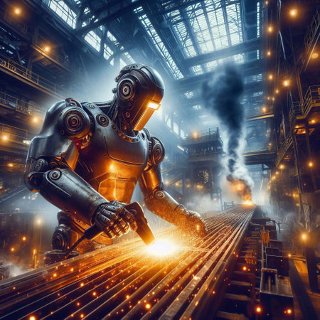 3d rendering of a robot in a factory with smoke coming outの素材