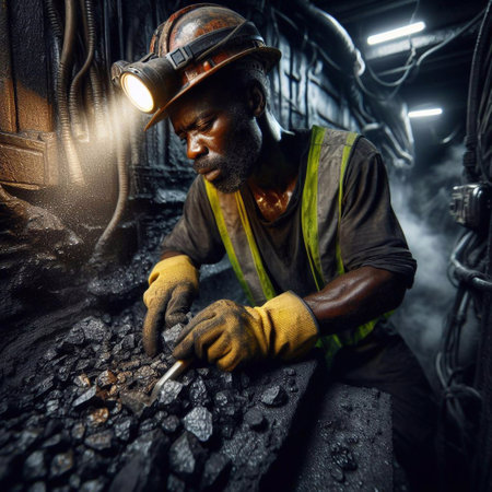 Portrait of a coal miner working in a coal mine. Mining industry.の素材