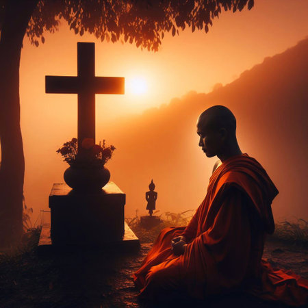 Silhouette of a praying monk in front of a crossの素材