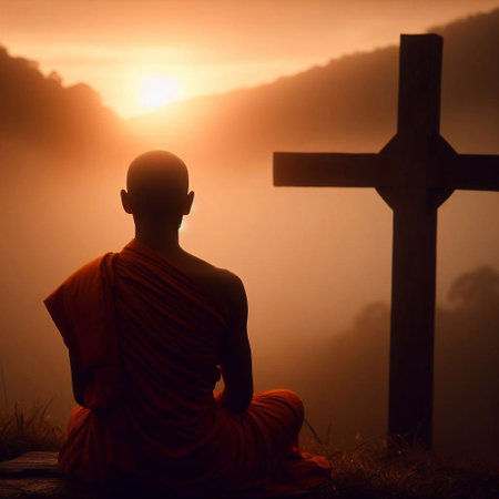 Silhouette of a praying monk in front of a crossの素材