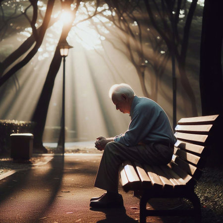 Elderly man sitting on a bench in the park at sunsetの素材