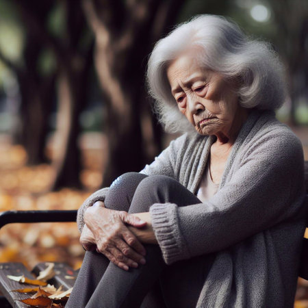 Elderly woman sitting on a bench in the autumn park.の素材