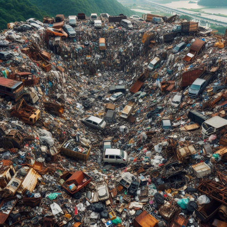 Aerial view of a large garbage dump with lots of garbage.の素材