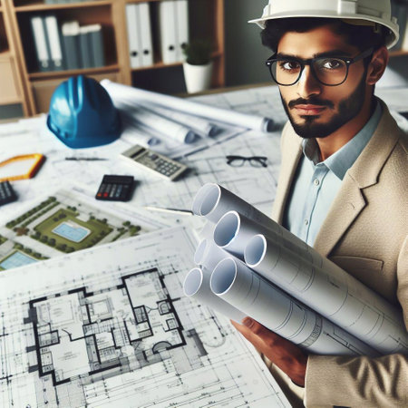 Architect working on blueprint at office. Engineering and architecture concept.の素材