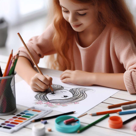 Cute little girl drawing with pencils on paper at table indoorsの素材