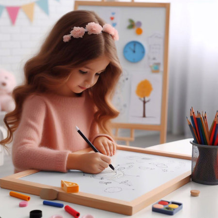 Cute little girl drawing with pencils in her room at homeの素材