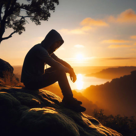 Man sitting on the edge of a cliff and looking at the sunsetの素材