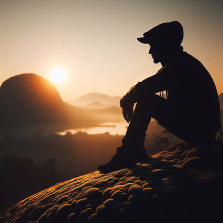 Silhouette of a man sitting on a rock and looking at the sunriseの素材