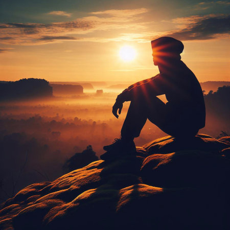Silhouette of a man sitting on the edge of a cliff and watching the misty landscape.の素材