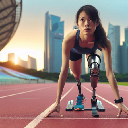 Young Asian woman in start position ready to run on the trackの素材