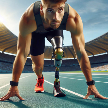 Athlete with prosthetic leg ready to run at stadium.の素材