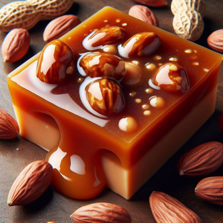 Delicious caramel candies with nuts. Shallow dof.の素材