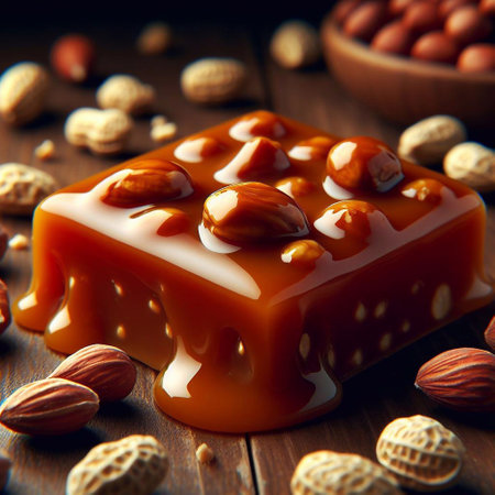 Caramel candies with nuts on wooden background. toning. selective focusの素材