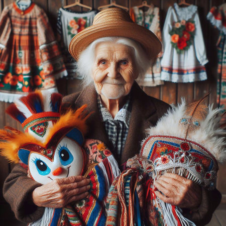 Portrait of an old man and woman with masks in the villageの素材