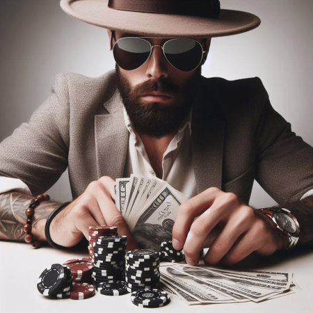 Handsome young man in suit and sunglasses playing poker with moneyの素材