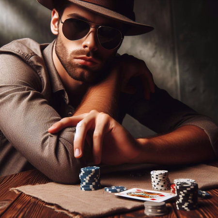 Handsome young man in hat and sunglasses is playing poker.の素材