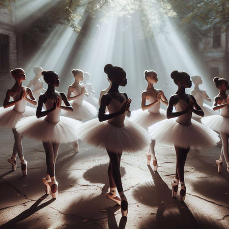 Group of graceful ballerinas dancing ballet in a dark theater.の素材