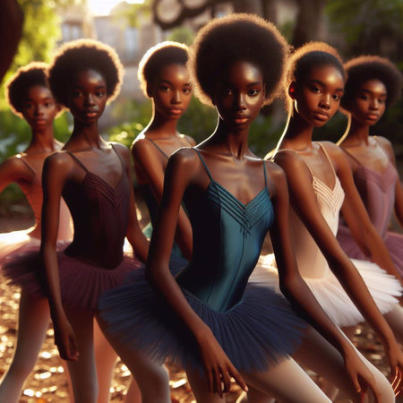Group of beautiful African American female ballet dancers in the park.の素材