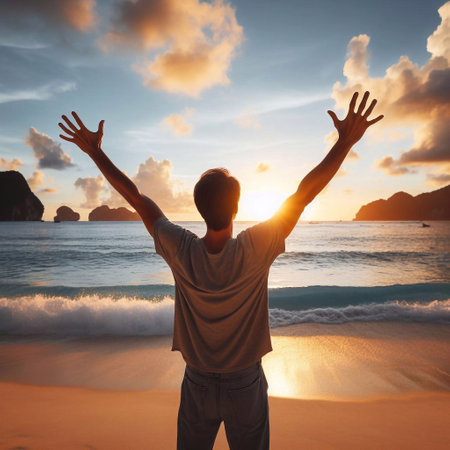Happy man with hands up on the beach at sunset, freedom conceptの素材
