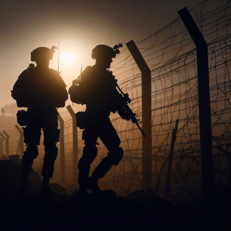 Silhouette of soldiers on the background of barbed wire.の素材