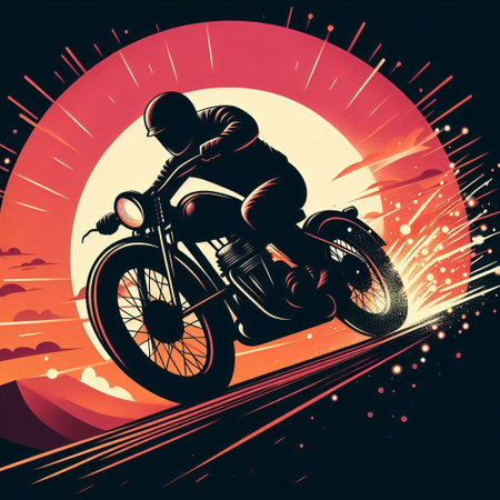 Vector illustration of a motorbike rider on the road at sunset.の素材