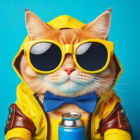 Funny cat in yellow raincoat and sunglasses with tin can.の素材