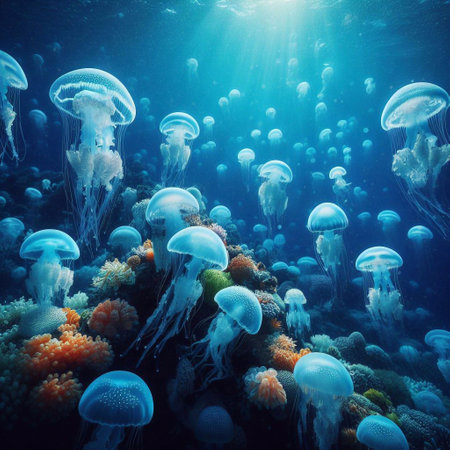 Jellyfish in the ocean. Underwater world. 3d renderingの素材